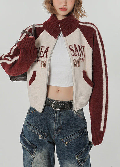 Red Stand Collar Patchwork Knit Loose Coat Winter