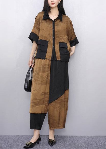 Khaki Patchwork Shirt and Crop Pants Two Pieces Set Short Sleeve