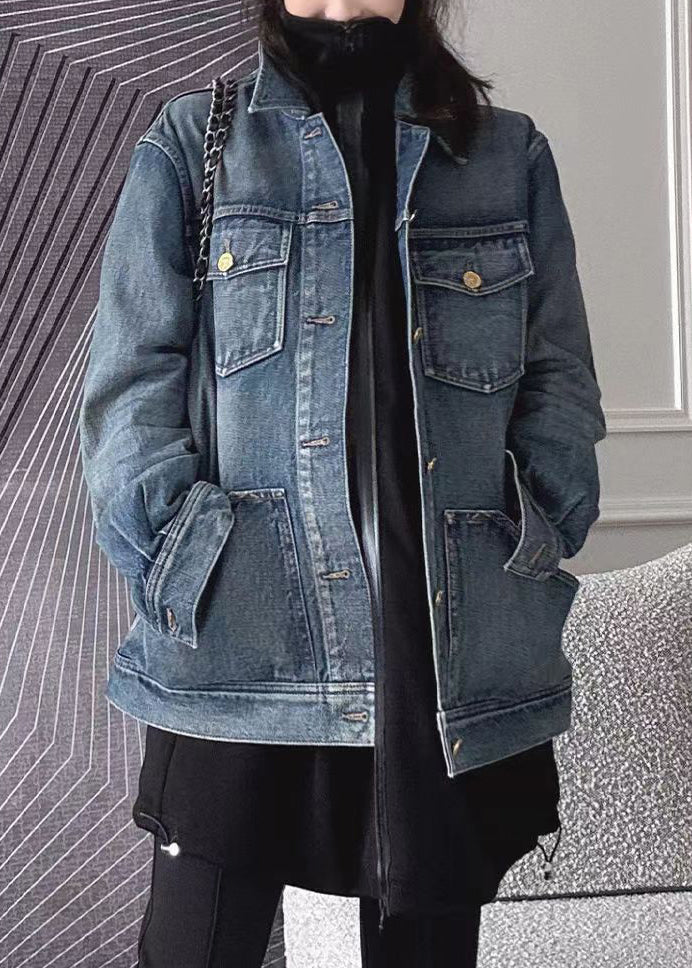 Blue Patchwork Button Denim Coat Long Sleeve Fall
