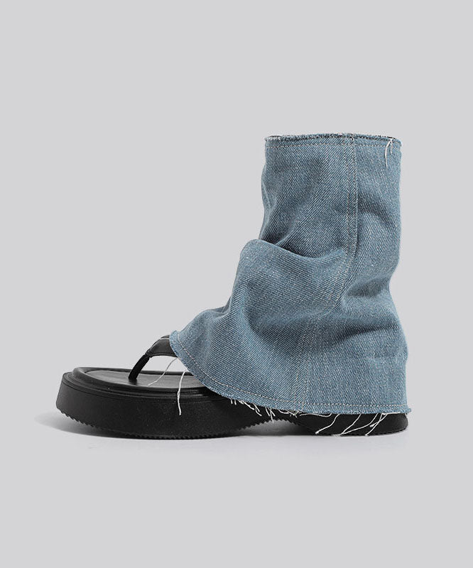 Diy Blue Thong Sandals Denim Retro Splicing Boots Zippered