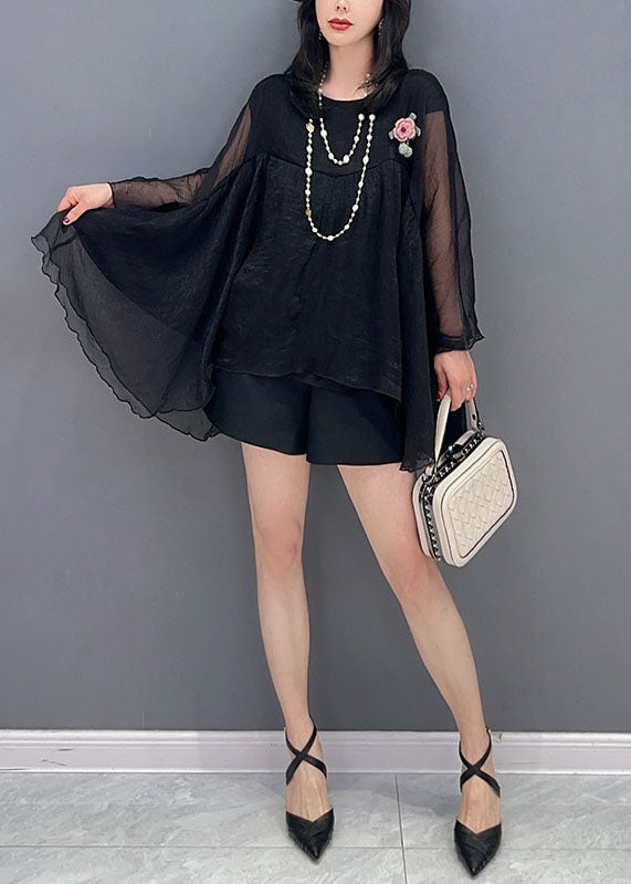 Black O Neck Wrinkled Patchwork Tulle Top Spring