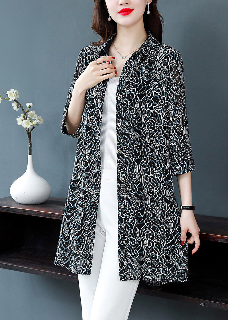 Black Peter Pan Collar Button Print Chiffon Shirt Tops Spring