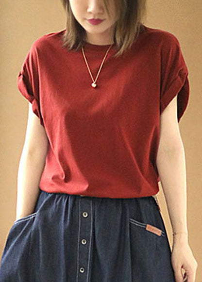Style Red O-neck Color Cotton Loose Tank Tops Short Sleeve