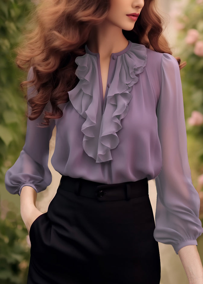 Purple Ruffled Chiffon Shirt Bracelet Sleeve