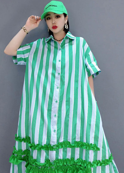 Natural Green Button Ruffled Striped Long Dress Spring