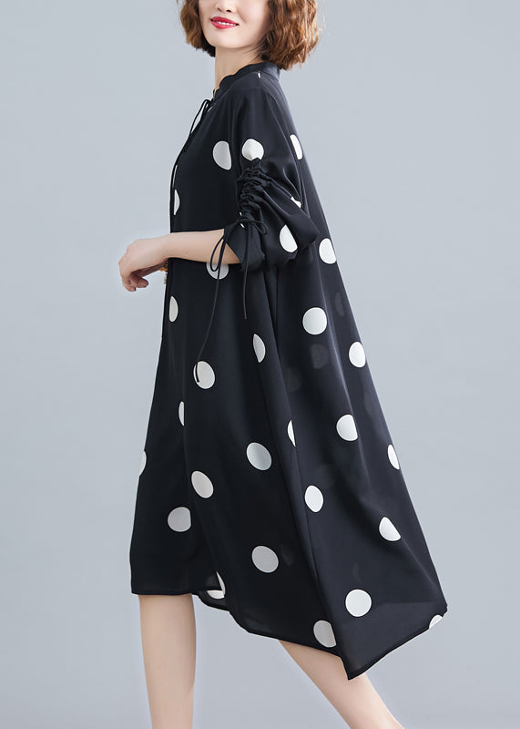 Black Dot Lace Up Patchwork Chiffon Dresses Fall