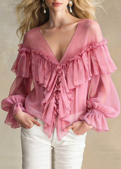 Stylish Pink V Neck Ruffled Chiffon Shirts Spring