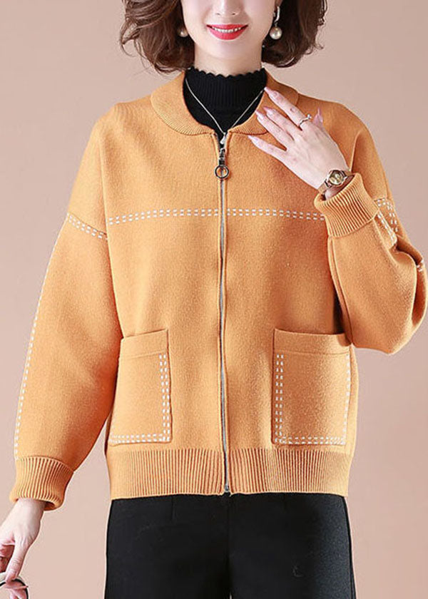 Stylish Orange O-neck Zip Up Pockets Print Knit Coats Long Sleeve