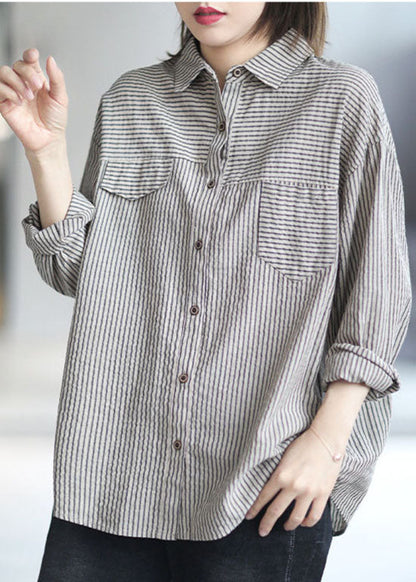 Grey Peter Pan Collar Button Striped Shirts Spring