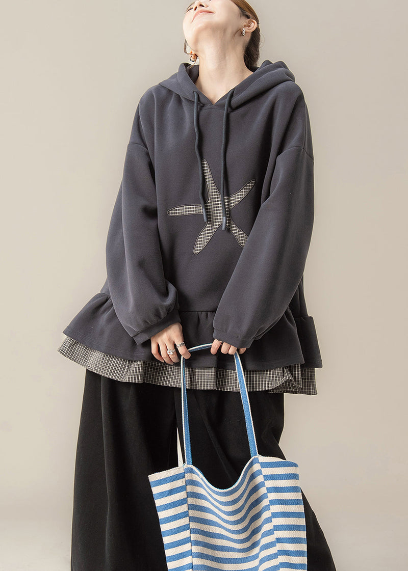 Dark Grey False Two Pieces Patchwork Hooded Cotton Sweatshirts Spring