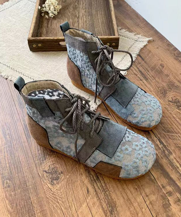 Retro Grey Flat Boots Splicing Lace Up Hollow Out Soofairy Shoes-20251