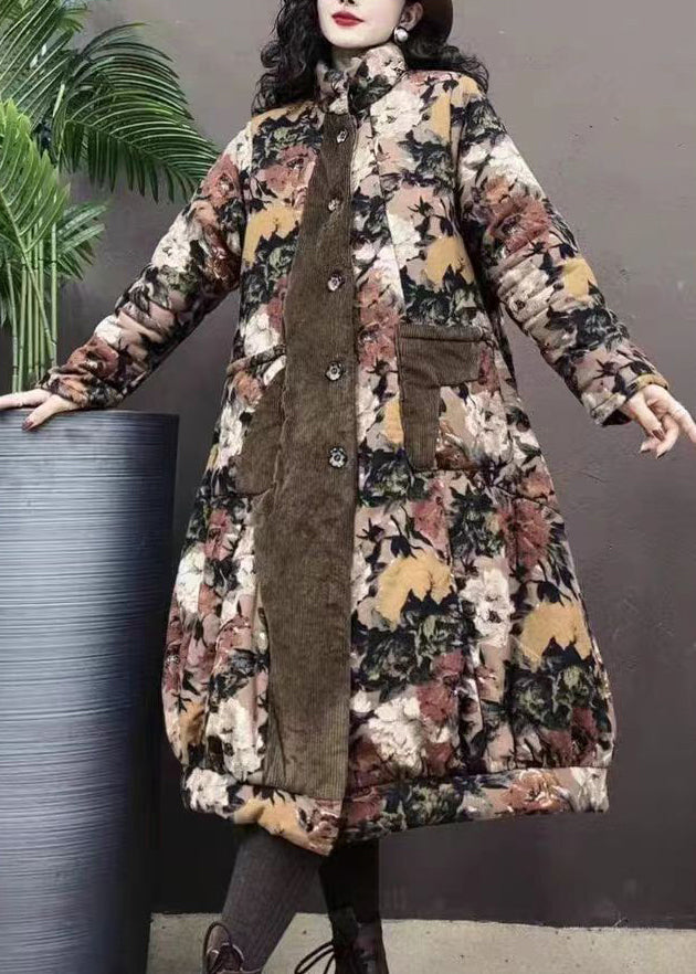 Purple Stand Collar Pockets Print Patchwork Warm Fleece Coat Winter