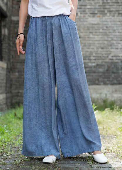 Denim Blue Elastic Waist Pockets Cotton Straight Pants Fall
