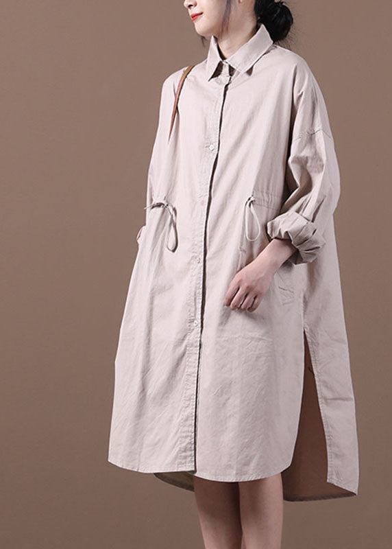 Loose Khaki Peterpan Collar Tie Waist Button Fall Long Sleeve Tops