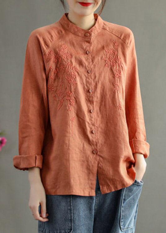 Chocolate Stand Collar Embroideried Button Linen Shirts Long Sleeve