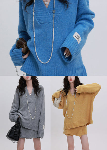 Diy Blue V Neck Asymmetrical Design Knit Two Piece Set Clothing Winter