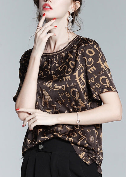 Coffee O-neck Print Chiffon Tops Short Sleeve