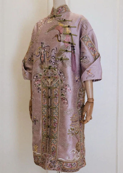 Pink Stand Collar Embroideried Button Silk Cotton Maxi Dresses Fall