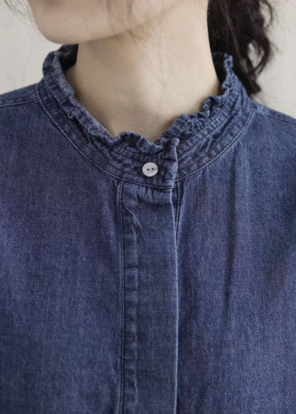 Style Blue Ruffled Pockets Denim Ankle Dress Spring