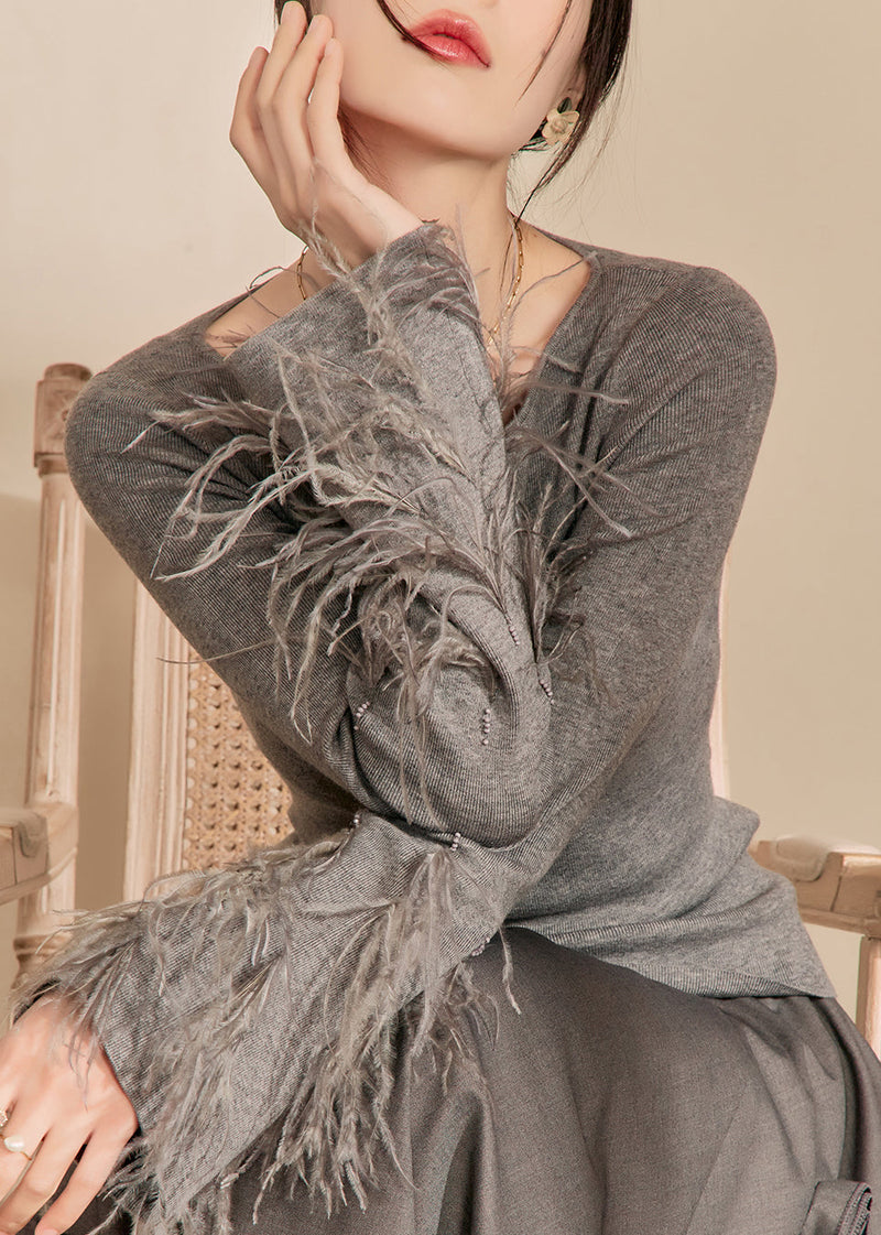 Fitted Grey O-neck Tassel Cotton Knit Sweaters Spring