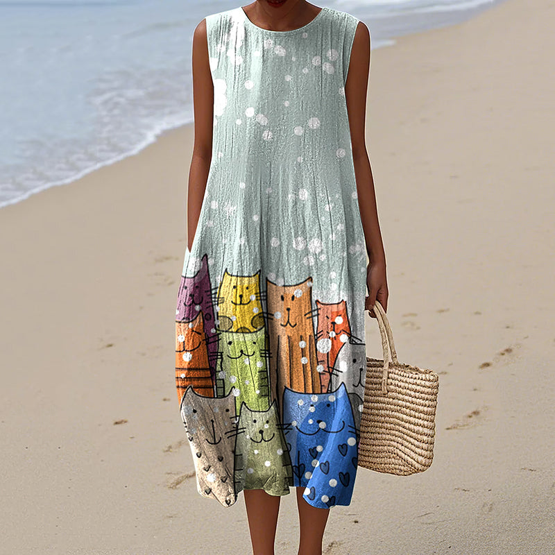 Comstylish Women's Vintage Cute Cats Art Print Sleeveless Dress