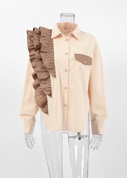 Apricot Ruffled Peter Pan Collar Ruffled Patchwork Shirt Spring