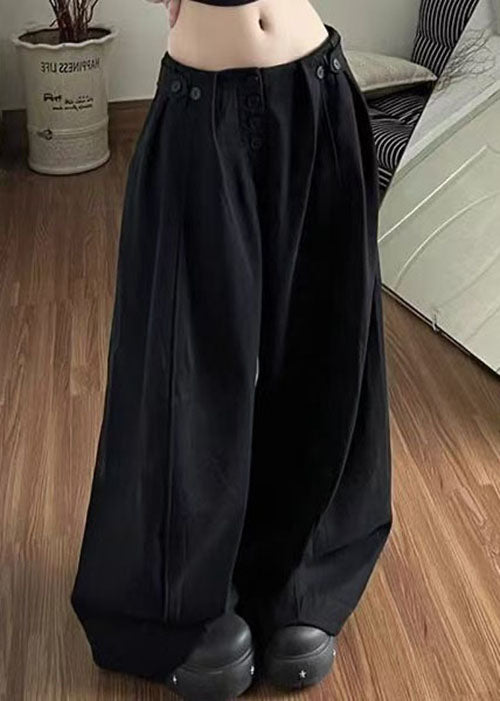 Black Pockets Button Cotton Pants Summer