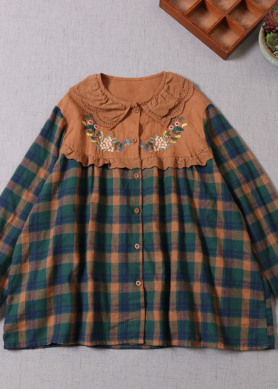 Green Embroideried Plaid Cotton Shirt Top Spring