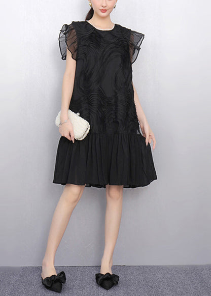 Black O Neck Wrinkled Tulle Patchwork Chiffon Dress Summer