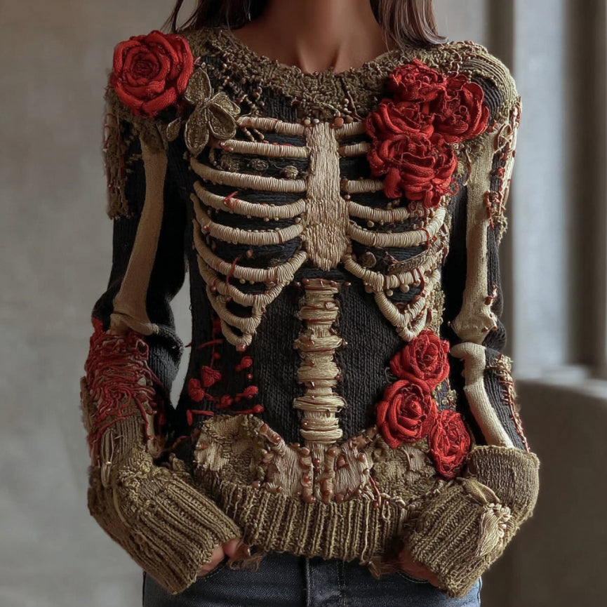 Comstylish Women's Vintage Skeleton Red Rose Art Knit Pullover Sweater
