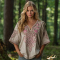 Women's Pink Rose Celtic Knot Art V Neck Linen Comfy T-shirt artswardrobe
