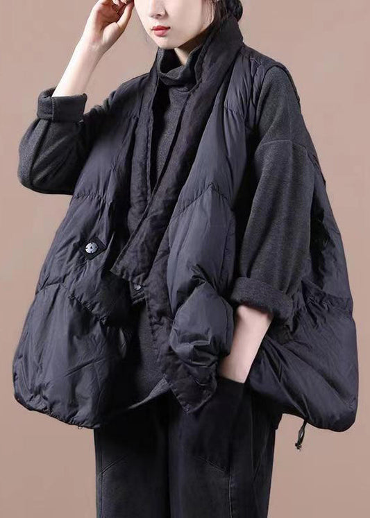 Black V Neck Pockets Patchwork Duck Down Waistcoat Sleeveless