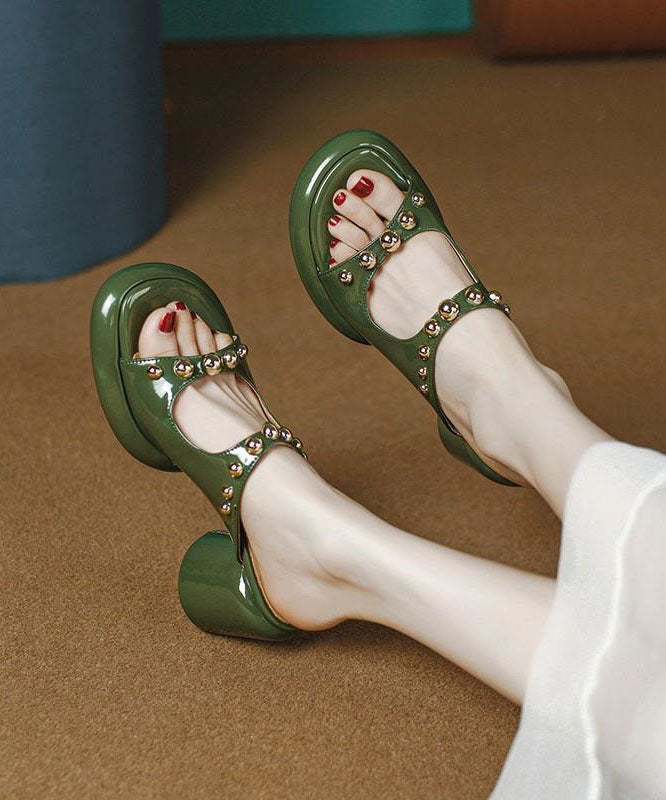 Green Faux Leather Rivet Splicing Peep Toe Chunky Slide Sandals