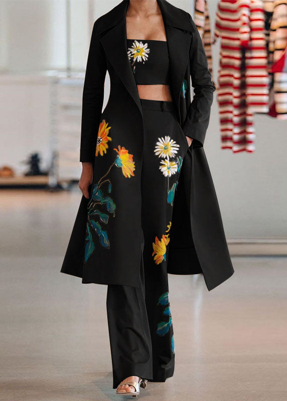 French Black Print Chiffon Cinch Trench Coats and Pants Three Piece Set Spring
