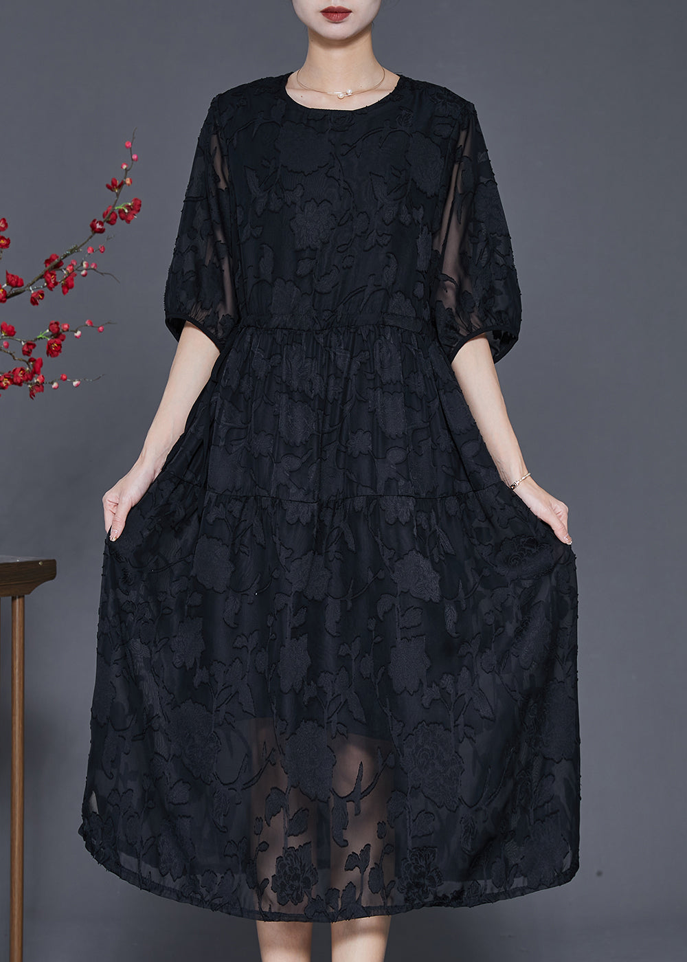 Black Jacquard Chiffon Robe Dresses Summer