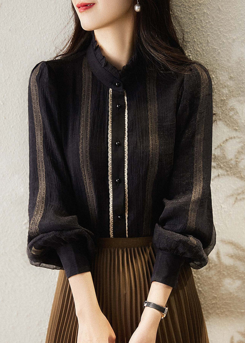 Black Stand Collar Striped Patchwork Chiffon Shirts Long Sleeve