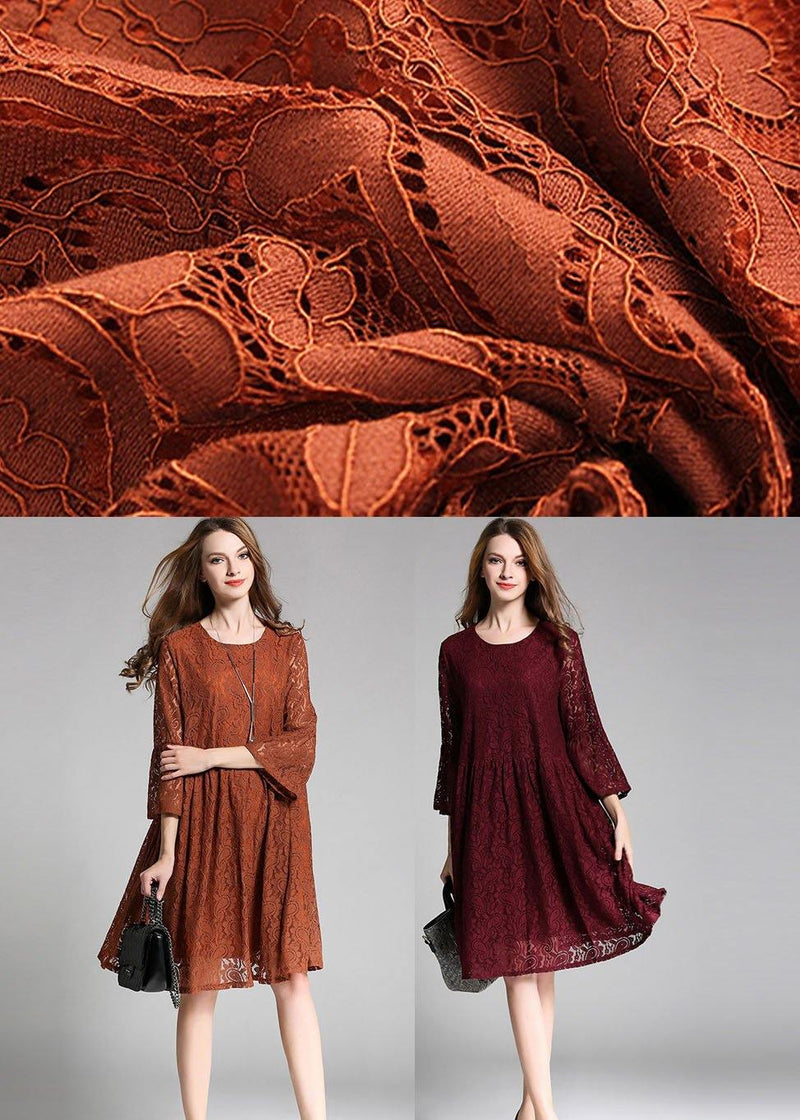 Chocolate Hollow Out Embroideried Patchwork Spring Three Quarter Sleeve Spring Dresses