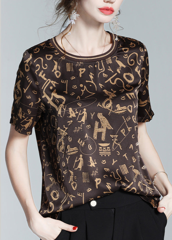 Coffee O-neck Print Chiffon Tops Short Sleeve