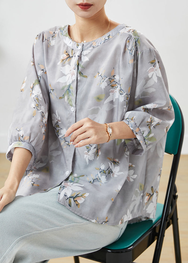 Grey O-neck Print Linen Blouses Half Sleeve
