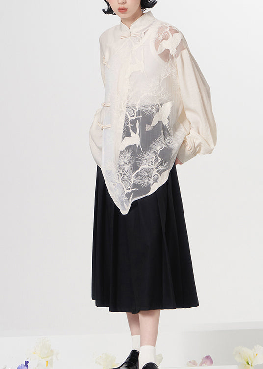 Loose White Embroideried Chinese Button Patchwork Tulle Shirt Top Spring