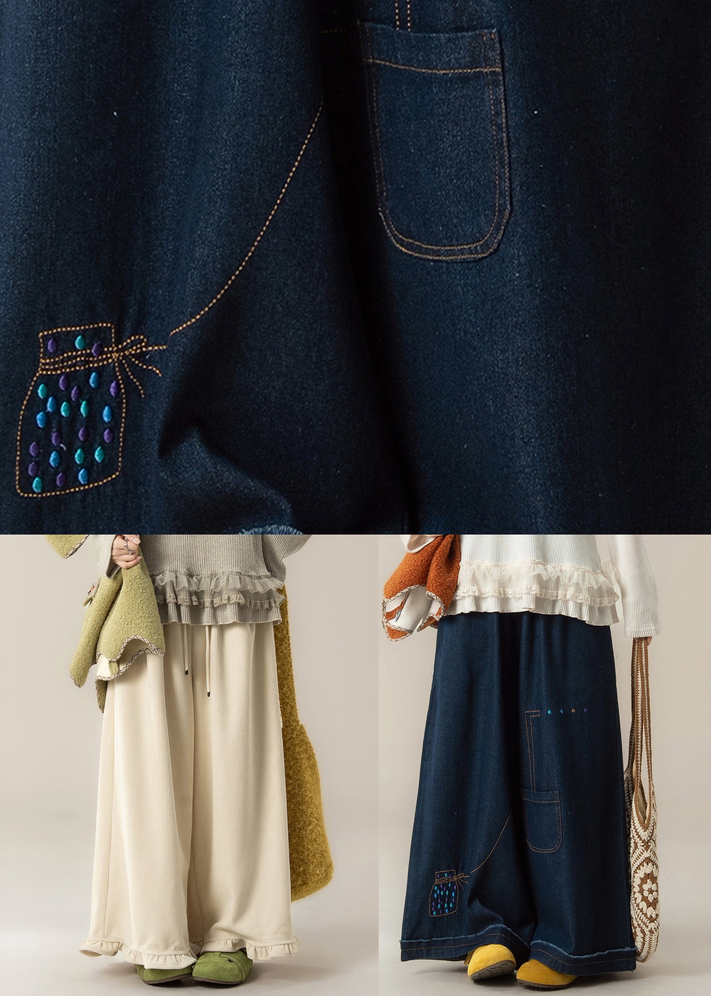 Dark Blue Pockets Print Patchwork Denim Pants Winter