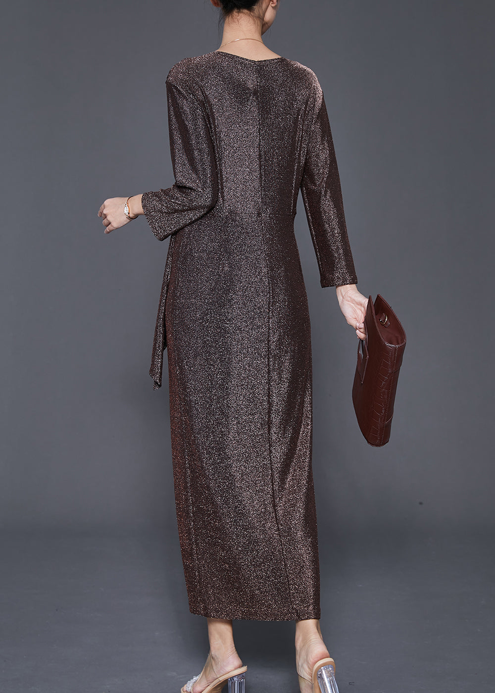 Brown Asymmetrical Side Open Silk Velour Dresses Fall