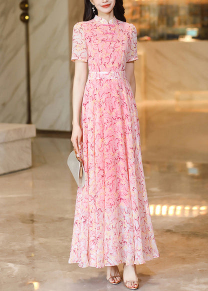 Chinese Style Pink Print Oriental Button Chiffon Dress Summer