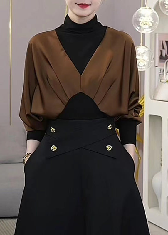 Mulberry Hign Neck Wrinkled Patchwork Silk Shirt Tops Fall
