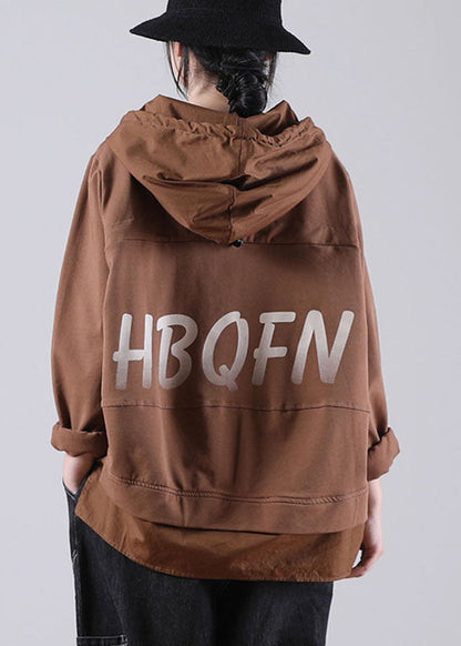 Brown Hooded Drawstring Graphic Fall Patchwork Sweatshirts Top