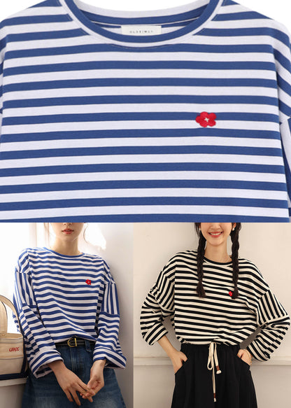 Blue White Striped Embroideried Loose Cotton Top Long Sleeve Spring
