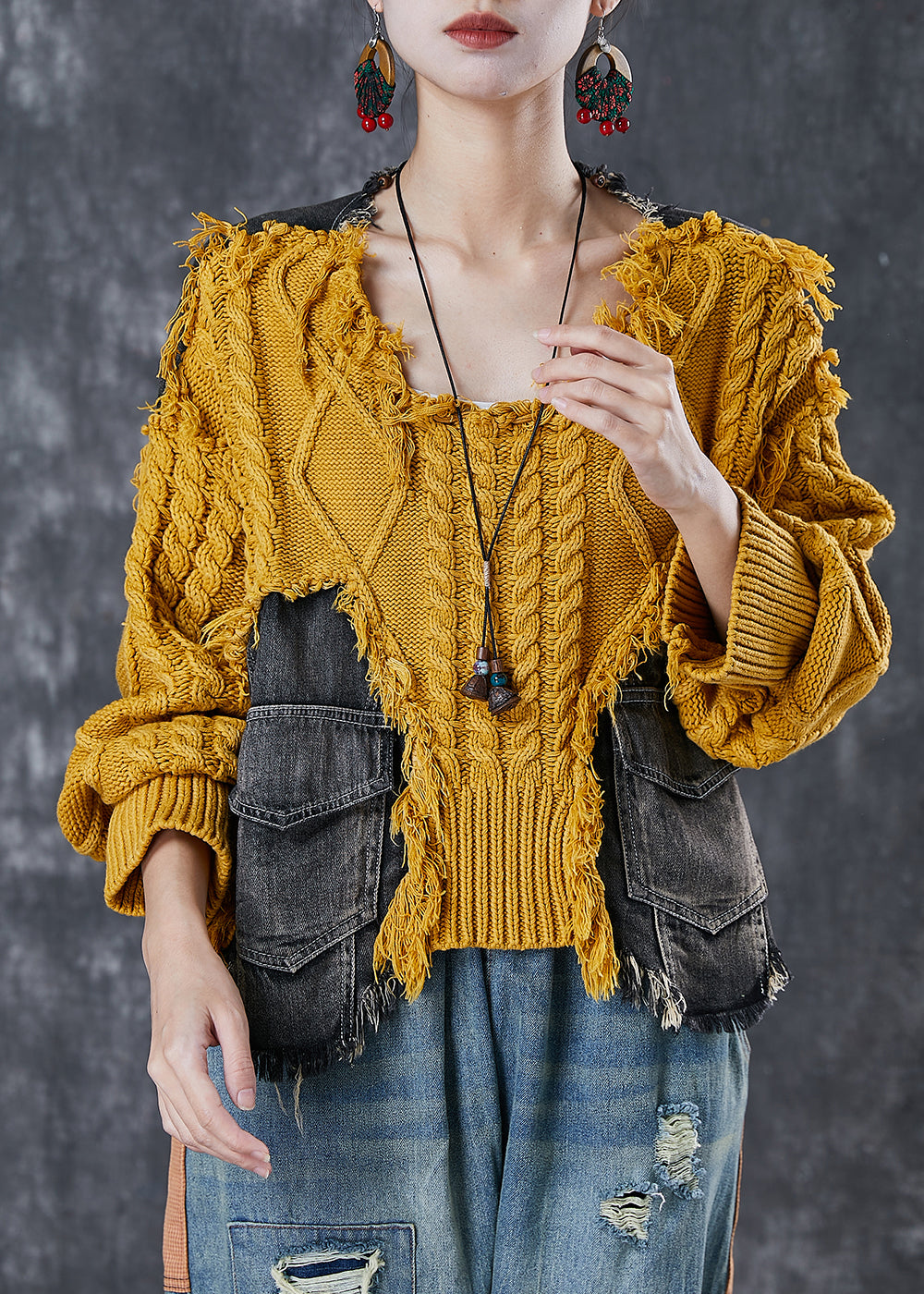 Art Yellow Oversized Patchwork Pockets Knit Sweaters Winter