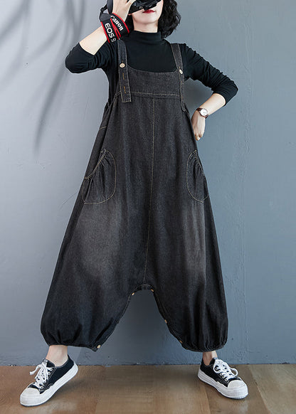 Black Wear on Both Sides Denim Jumpsuit Oversized Pockets Summer