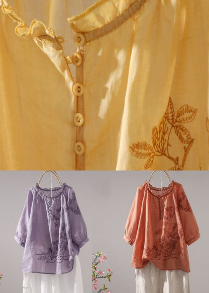 Orange Patchwork Linen T Shirt Embroideried O-neck Half Sleeve