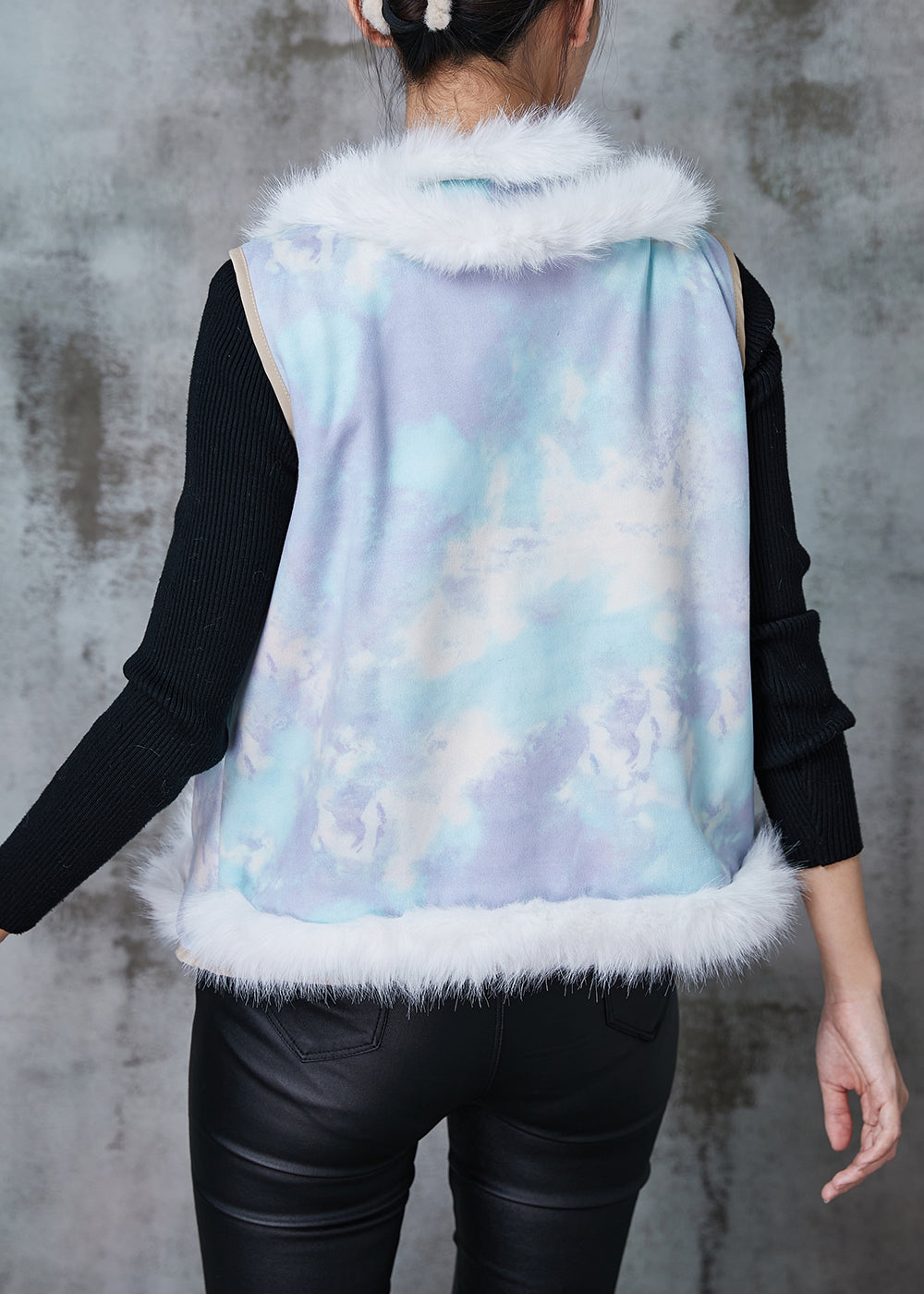Blue Fuzzy Ball Decorated Patchwork Cotton Vest Tops Spring